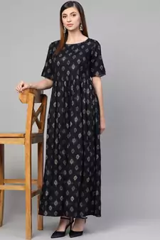Navy Blue Gold Print Dress