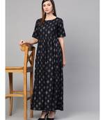 Navy Blue Gold Print Dress