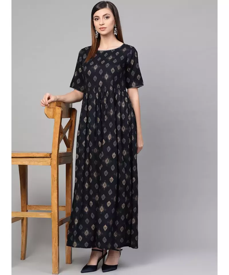 Navy Blue Gold Print Dress