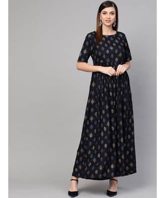 Navy Blue Gold Print Dress 3