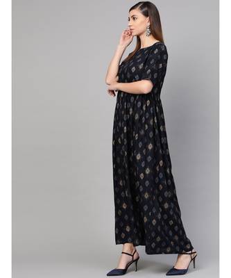 Navy Blue Gold Print Dress 4
