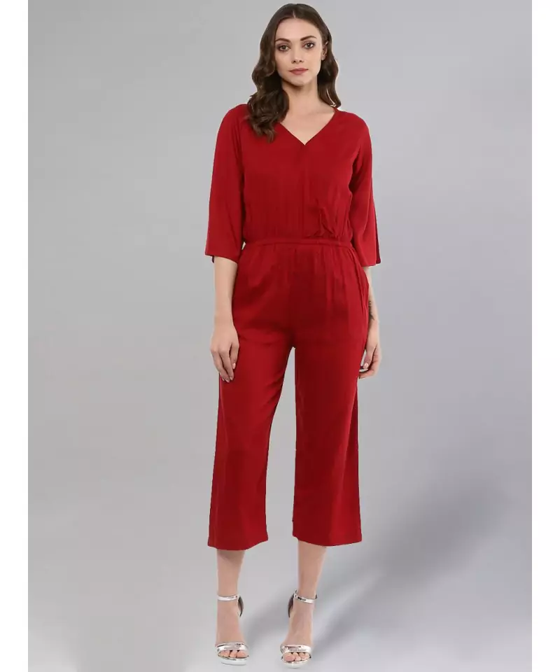 Maroon V-neck Jumpsuit