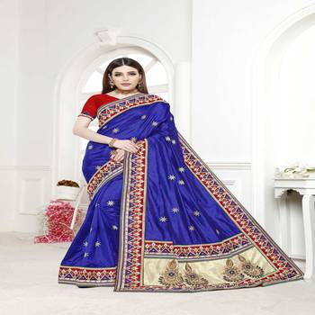 Blue embroidered silk saree with blouse 1