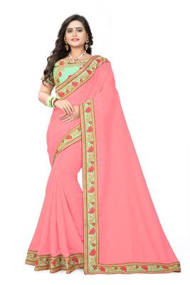 Pink embroidered silk saree with blouse 1