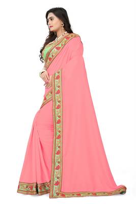 Pink embroidered silk saree with blouse 3
