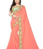 Peach embroidered silk saree with blouse