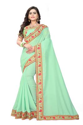 Green embroidered silk saree with blouse 1