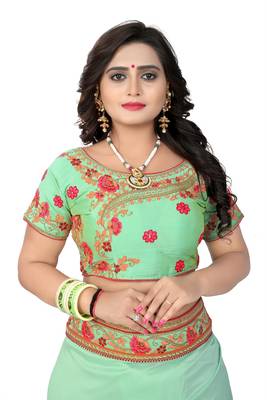 Green embroidered silk saree with blouse 5