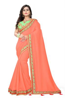 Peach embroidered silk saree with blouse 1