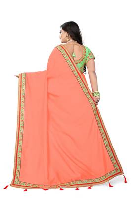 Peach embroidered silk saree with blouse 2
