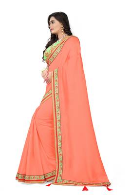 Peach embroidered silk saree with blouse 3