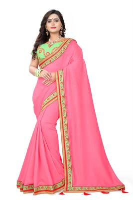 Pink embroidered silk saree with blouse 1