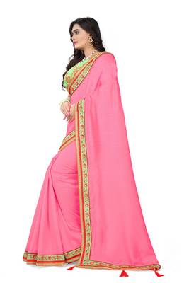Pink embroidered silk saree with blouse 3
