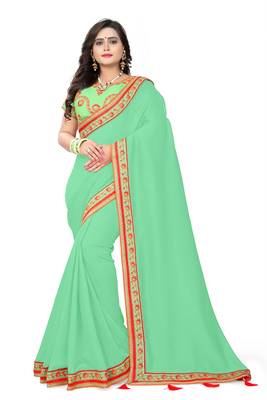 Green embroidered silk saree with blouse 1