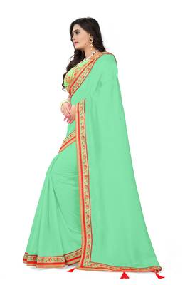 Green embroidered silk saree with blouse 3