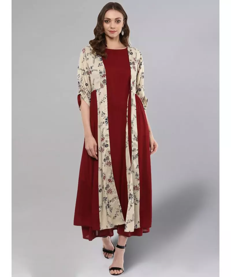 Maroon Printed Layered Shrug