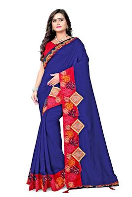 Navy blue embroidered silk saree with blouse 1