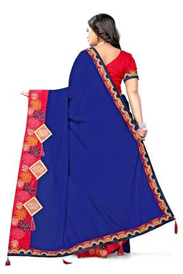 Navy blue embroidered silk saree with blouse 2