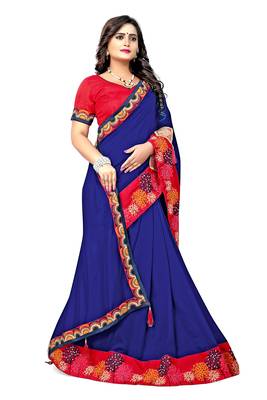 Navy blue embroidered silk saree with blouse 3