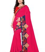 Rani pink embroidered silk saree with blouse