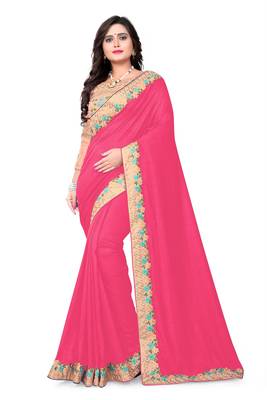 Rani pink embroidered silk saree with blouse 1