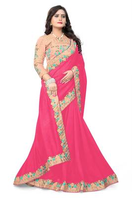 Rani pink embroidered silk saree with blouse 3