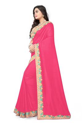 Rani pink embroidered silk saree with blouse 4
