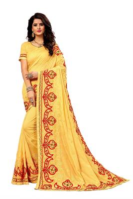 Yellow embroidered silk saree with blouse 1