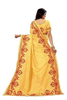 Yellow embroidered silk saree with blouse 2