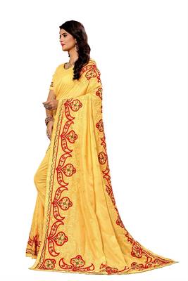 Yellow embroidered silk saree with blouse 3
