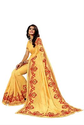 Yellow embroidered silk saree with blouse 4