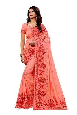 Peach embroidered silk saree with blouse 1