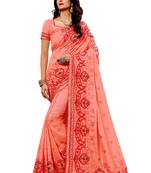 Peach embroidered silk saree with blouse
