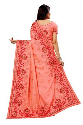 Peach embroidered silk saree with blouse 2