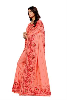 Peach embroidered silk saree with blouse 3
