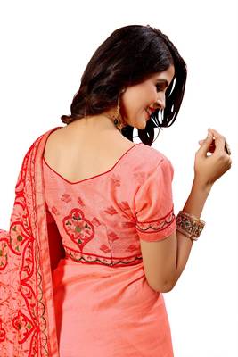 Peach embroidered silk saree with blouse 5