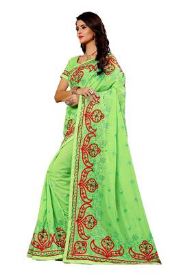 Light green embroidered silk saree with blouse 1
