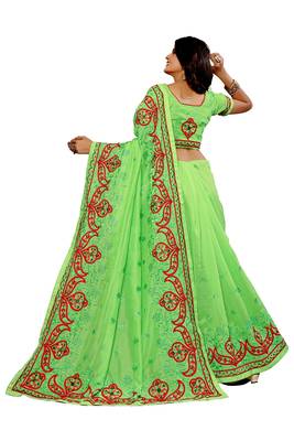 Light green embroidered silk saree with blouse 2