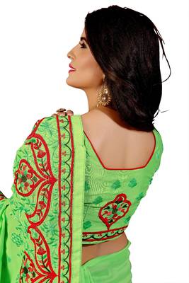 Light green embroidered silk saree with blouse 5
