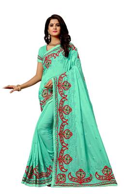 Dark green embroidered silk saree with blouse 1