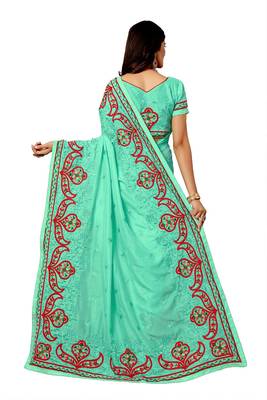 Dark green embroidered silk saree with blouse 2