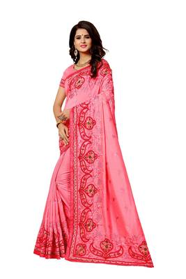 Pink embroidered silk saree with blouse 1