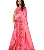 Pink embroidered silk saree with blouse
