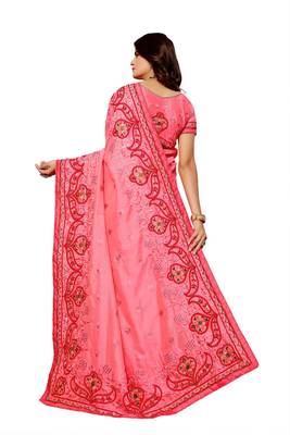 Pink embroidered silk saree with blouse 2