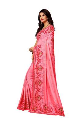 Pink embroidered silk saree with blouse 3