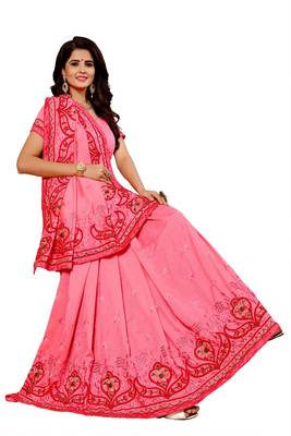 Pink embroidered silk saree with blouse 4