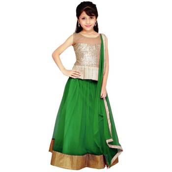 Green Plain Net Stitched Lehenga 1