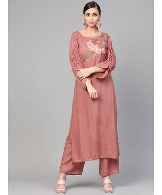 Rose Gold Embroided Straight Kurta With Palazzo Pants 1
