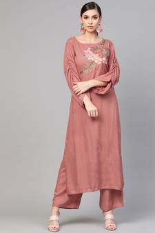 Rose Gold Embroided Straight Kurta With Palazzo Pants