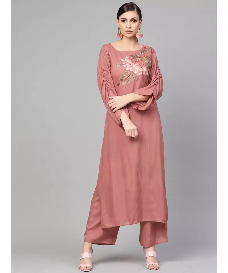 Rose Gold Embroided Straight Kurta With Palazzo Pants